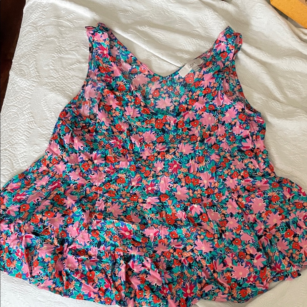 LOFT Colorful Floral Sleeveless Peplum/Tiered Flare Blouse